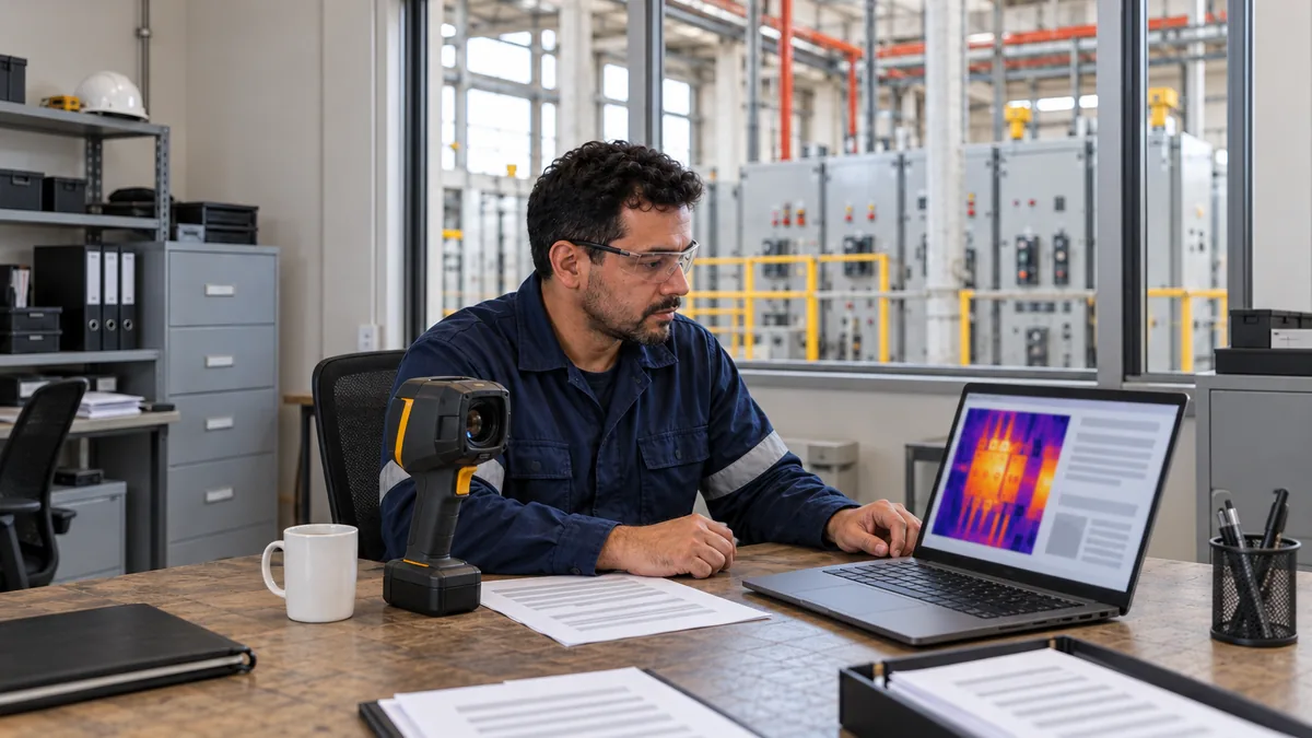 Thermographer wearing safety glasses at a desk with a thermal camera, papers and a laptop displaying a thermogram in an industrial office