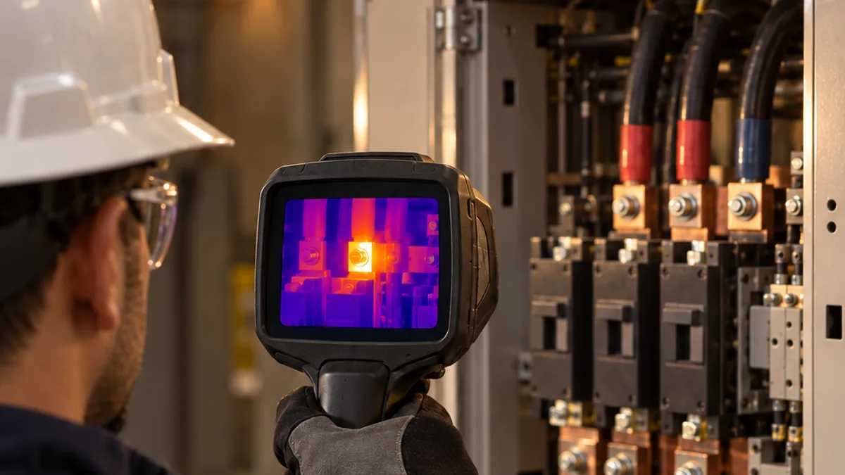 Thermographer in a white hard hat and safety glasses aims a thermal camera showing a hot spot at an open electrical panel with busbars and breakers