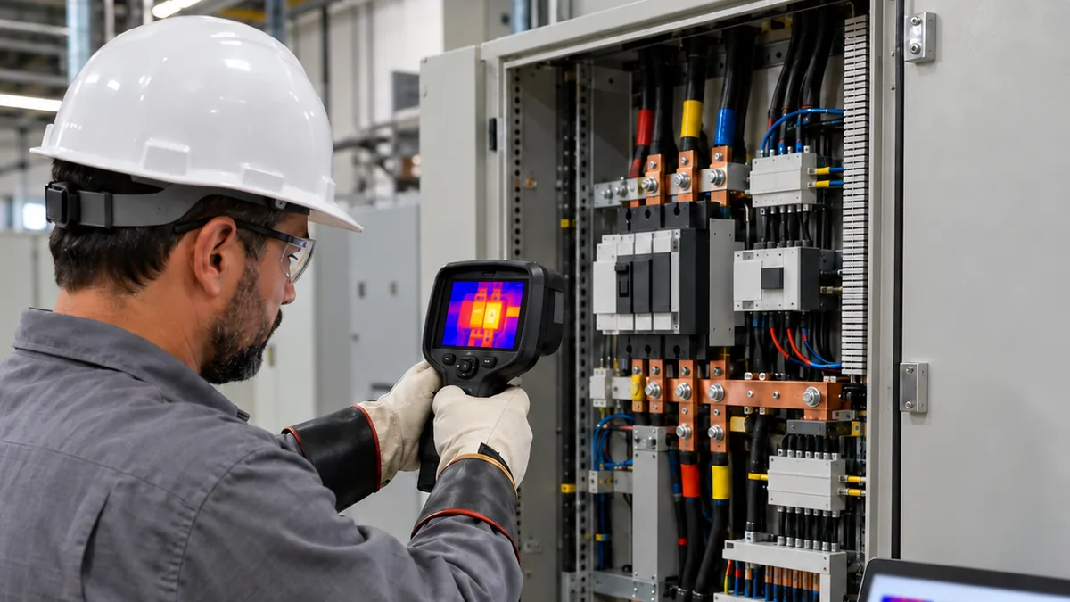 Thermographer surveys an electrical panel with a thermal camera; a laptop displays report images and tables